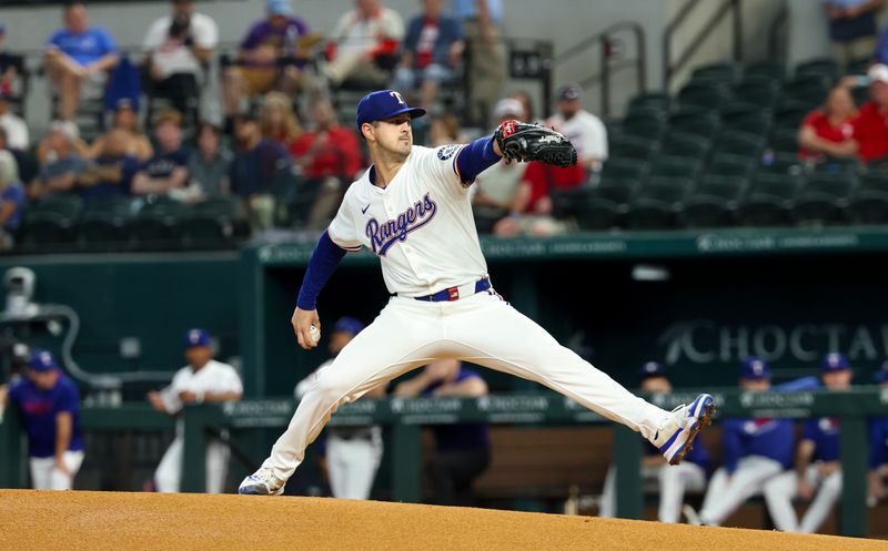 May 28, 2025; Arlington, Texas, USA; Texas Rangers starting pitcher Tyler Mahle (51) throws during the first inning against the Toronto Blue Jays at Globe Life Field. Mandatory Credit: Kevin Jairaj-Imagn Images