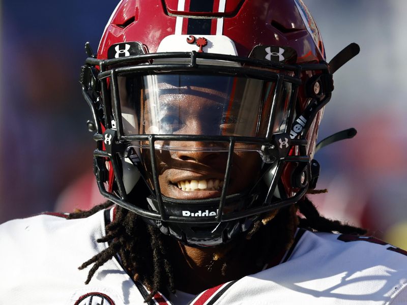 Nov 12, 2022; Gainesville, Florida, USA; South Carolina Gamecocks defensive back Cam Smith (9) prior to the game against the Florida Gators at Ben Hill Griffin Stadium. Mandatory Credit: Kim Klement-USA TODAY Sports