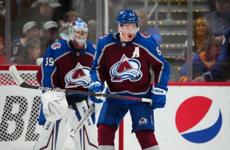 Oct 21, 2022; Denver, Colorado, USA; Colorado Avalanche defenseman Cale Makar (8) during the second period against the Seattle Kraken at Ball Arena. Mandatory Credit: Ron Chenoy-USA TODAY Sports