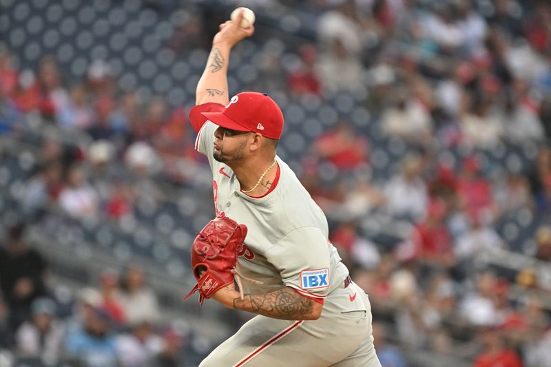 Sep 29, 2024; Washington, District of Columbia, USA; Philadelphia Phillies relief pitcher Jose Ruiz (66) throws a pitch against the Washington Nationals during the ninth inning at Nationals Park. Mandatory Credit: Rafael Suanes-Imagn Images