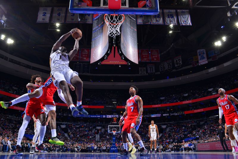 PHILADELPHIA, PA - MARCH 8: Zion Williamson #1 of the New Orleans Pelicans drives to the basket during the game against the Philadelphia 76ers on March 8, 2024 at the Wells Fargo Center in Philadelphia, Pennsylvania NOTE TO USER: User expressly acknowledges and agrees that, by downloading and/or using this Photograph, user is consenting to the terms and conditions of the Getty Images License Agreement. Mandatory Copyright Notice: Copyright 2024 NBAE (Photo by Jesse D. Garrabrant/NBAE via Getty Images)