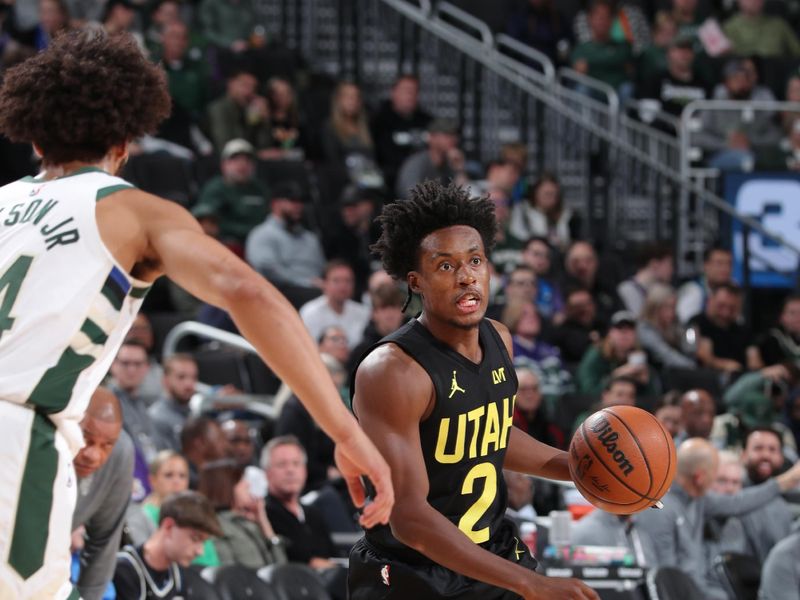 MILWAUKEE, WI - NOVEMBER 7: Collin Sexton #2 of the Utah Jazz drives to the basket during the game against the Milwaukee Bucks on November 7, 2024 at Fiserv Forum Center in Milwaukee, Wisconsin. NOTE TO USER: User expressly acknowledges and agrees that, by downloading and or using this Photograph, user is consenting to the terms and conditions of the Getty Images License Agreement. Mandatory Copyright Notice: Copyright 2024 NBAE (Photo by Gary Dineen/NBAE via Getty Images).