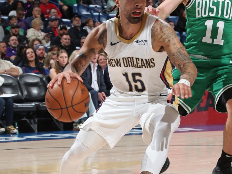 NEW ORLEANS, LA - JANUARY 31: Jose Alvarado #15 of the New Orleans Pelicans handles the ball during the game against the Boston Celtics on January 31, 2025 at the Smoothie King Center in New Orleans, Louisiana. NOTE TO USER: User expressly acknowledges and agrees that, by downloading and or using this Photograph, user is consenting to the terms and conditions of the Getty Images License Agreement. Mandatory Copyright Notice: Copyright 2025 NBAE (Photo by Layne Murdoch Jr./NBAE via Getty Images)