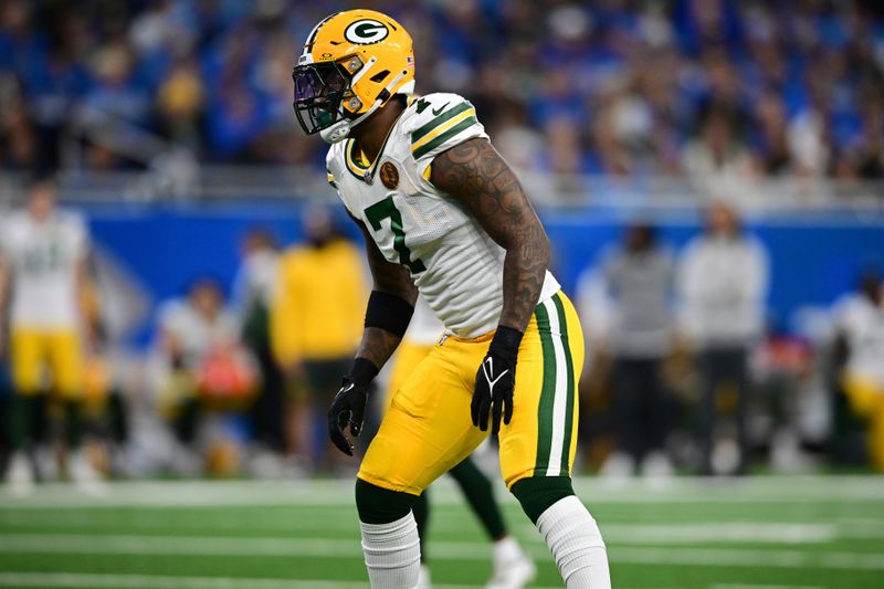 Green Bay Packers linebacker Quay Walker line sup during the first half of an NFL football game against the Detroit Lions, Thursday, Nov. 23, 2023, in Detroit. The Packers won 29-22. (AP Photo/David Dermer)