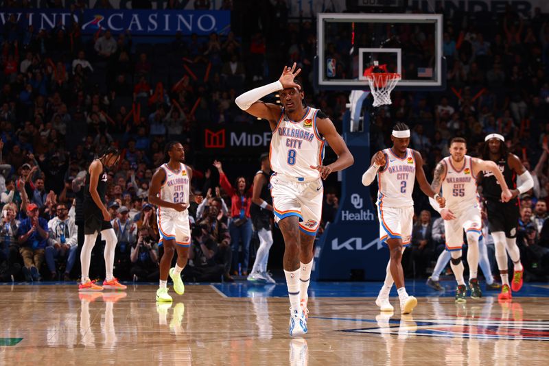 OKLAHOMA CITY, OK - NOVEMBER 20: Jalen Williams #8 of the Oklahoma City Thunder celebrates during the game against the Portland Trail Blazers on November 20, 2024 at Paycom Center in Oklahoma City, Oklahoma. NOTE TO USER: User expressly acknowledges and agrees that, by downloading and or using this photograph, User is consenting to the terms and conditions of the Getty Images License Agreement. Mandatory Copyright Notice: Copyright 2024 NBAE (Photo by Zach Beeker/NBAE via Getty Images)