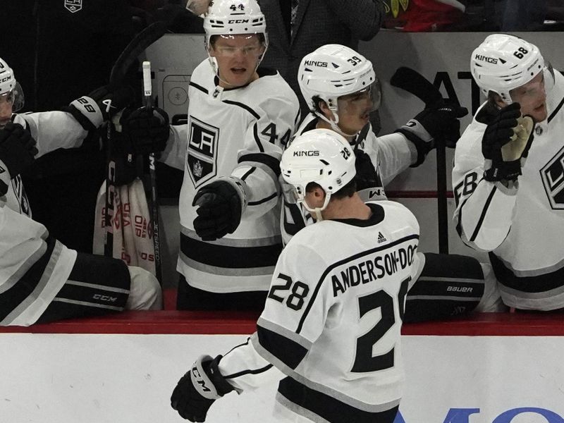 Jan 22, 2023; Chicago, Illinois, USA; Los Angeles Kings center Jaret Anderson-Dolan (28) celebrates his goal against the Chicago Blackhawks during the first period at United Center. Mandatory Credit: David Banks-USA TODAY Sports