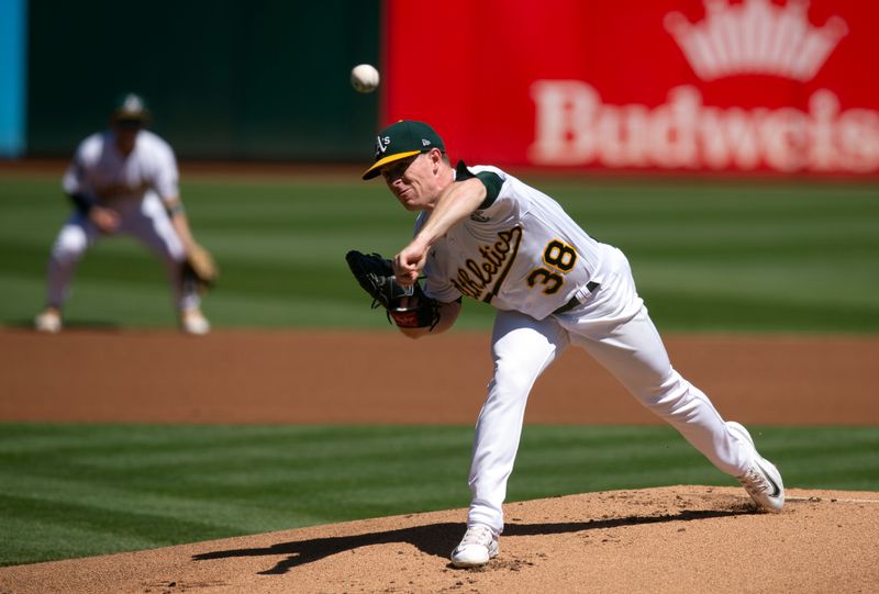 Sep 6, 2023; Oakland, California, USA; Oakland Athletics starting pitcher JP Sears (38) delivers a pitch against the Toronto Blue Jays during the first inning at Oakland-Alameda County Coliseum. Mandatory Credit: D. Ross Cameron-USA TODAY Sports