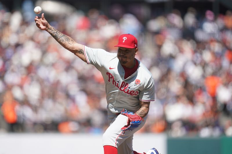 May 27, 2024; San Francisco, California, USA; Philadelphia Phillies pitcher Taijuan Walker (99) delivers a pitch against the San Francisco Giants in the fourth inning at Oracle Park. Mandatory Credit: Cary Edmondson-USA TODAY Sports