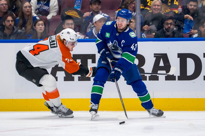 Oct 11, 2024; Vancouver, British Columbia, CAN; Philadelphia Flyers forward Owen Tippett (74) stick checks Vancouver Canucks defenseman Quinn Hughes (43) during the first period at Rogers Arena. Mandatory Credit: Bob Frid-Imagn Images