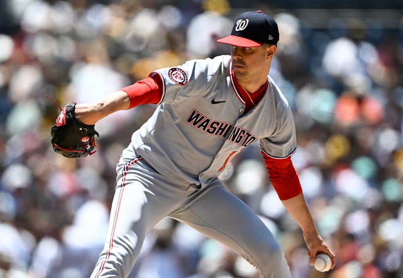 Jun 25, 2025; San Diego, California, USA; Washington Nationals starting pitcher MacKenzie Gore (1) delivers during the first inning against the against the San Diego Padres at Petco Park. Mandatory Credit: Denis Poroy-Imagn Images