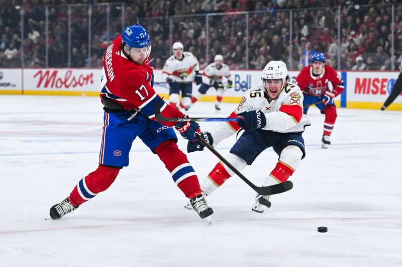 Mar 15, 2025; Montreal, Quebec, CAN; Montreal Canadiens right wing Josh Anderson (17) shoots the puck against Florida Panthers right wing Mackie Samoskevich (25) in the first period at Bell Centre. Mandatory Credit: David Kirouac-Imagn Images