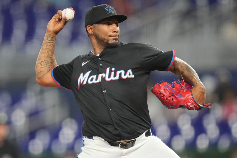 May 31, 2024; Miami, Florida, USA;  Miami Marlins starting pitcher Sixto Sánchez (18) pitches in the first inning against the Texas Rangers at loanDepot Park. Mandatory Credit: Jim Rassol-USA TODAY Sports