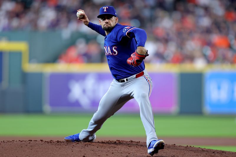 Jul 13, 2024; Houston, Texas, USA; Texas Rangers starting pitcher Nathan Eovaldi (17) delivers a pitch against the Houston Astros during the first inning at Minute Maid Park. Mandatory Credit: Erik Williams-USA TODAY Sports