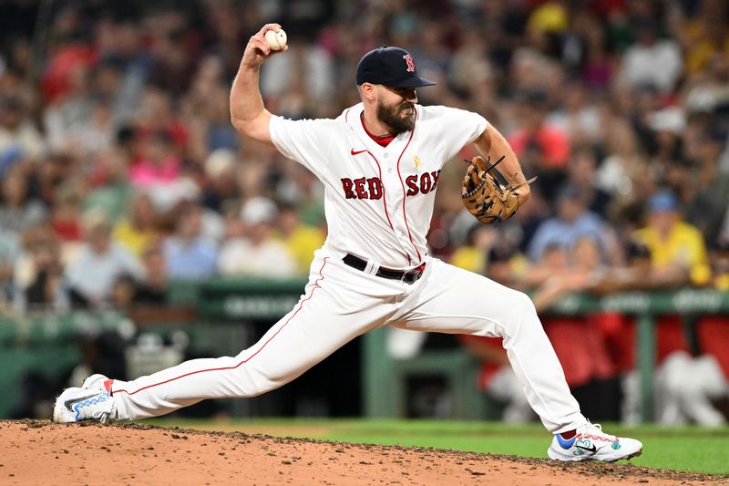 Sep 8, 2023; Boston, Massachusetts, USA; Boston Red Sox relief pitcher John Schreiber (46) pitches against the Baltimore Orioles during the eighth inning at Fenway Park. Mandatory Credit: Brian Fluharty-USA TODAY Sports