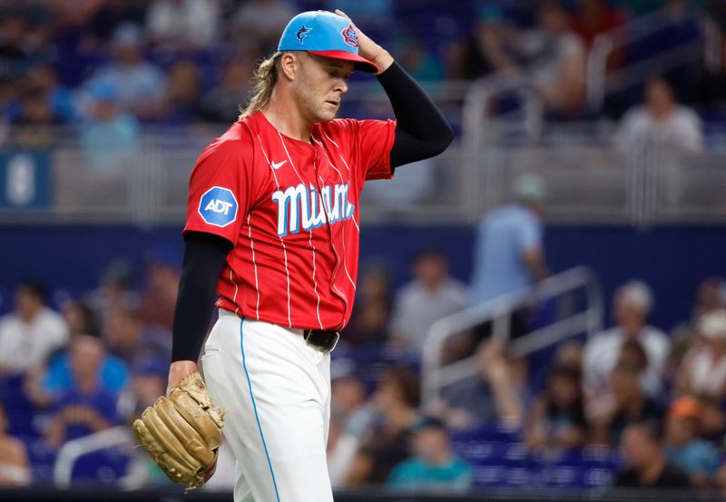 Jun 22, 2024; Miami, Florida, USA;  Miami Marlins starting pitcher Shaun Anderson (48) walks off the mound against the Seattle Mariners after the first inning at loanDepot Park. Mandatory Credit: Rhona Wise-USA TODAY Sports