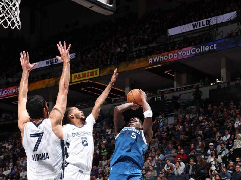 MINNEAPOLIS, MN -  FEBRUARY 28: Anthony Edwards #5 of the Minnesota Timberwolves shoots the ball during the game  on February 28, 2024 at Target Center in Minneapolis, Minnesota. NOTE TO USER: User expressly acknowledges and agrees that, by downloading and or using this Photograph, user is consenting to the terms and conditions of the Getty Images License Agreement. Mandatory Copyright Notice: Copyright 2024 NBAE (Photo by David Sherman/NBAE via Getty Images)