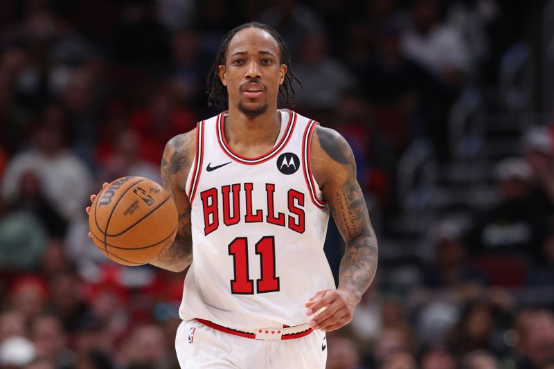 CHICAGO, ILLINOIS - APRIL 09: DeMar DeRozan #11 of the Chicago Bulls dribbles up the court against the New York Knicks during the second half at the United Center on April 09, 2024 in Chicago, Illinois. NOTE TO USER: User expressly acknowledges and agrees that, by downloading and or using this photograph, User is consenting to the terms and conditions of the Getty Images License Agreement.  (Photo by Michael Reaves/Getty Images)