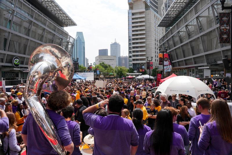 Apr 2, 2023; Dallas, TX, USA; The LSU Lady Tigers band performs prior to their game against the Iowa Hawkeyes during the final round of the Women's Final Four NCAA tournament at the American Airlines Center. Mandatory Credit: Kirby Lee-USA TODAY Sports