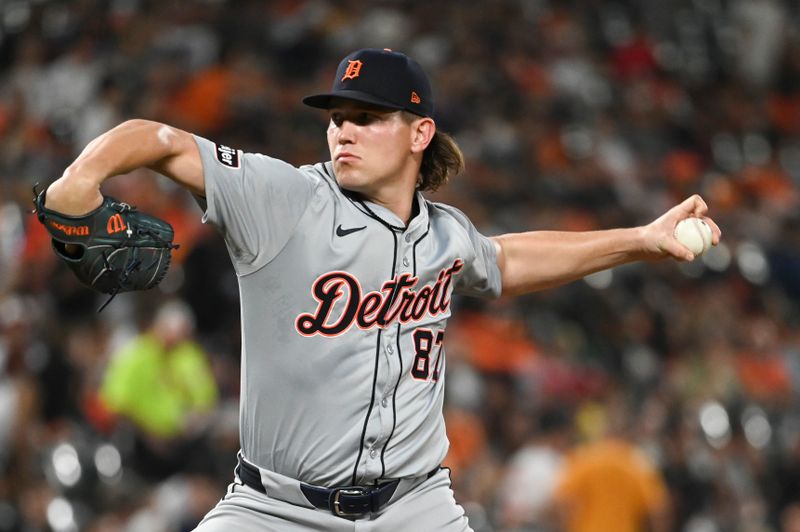 Sep 20, 2024; Baltimore, Maryland, USA;  Detroit Tigers pitcher Tyler Holton (87) throws a first inning pitch against the Baltimore Orioles at Oriole Park at Camden Yards. Mandatory Credit: Tommy Gilligan-Imagn Images