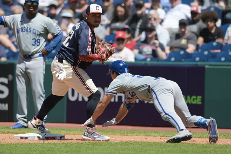 Jun 6, 2024; Cleveland, Ohio, USA; Cleveland Guardians first baseman Josh Naylor (22) force out Kansas City Royals pinch hitter Adam Frazier (26) during the sixth inning at Progressive Field. Mandatory Credit: Ken Blaze-USA TODAY Sports