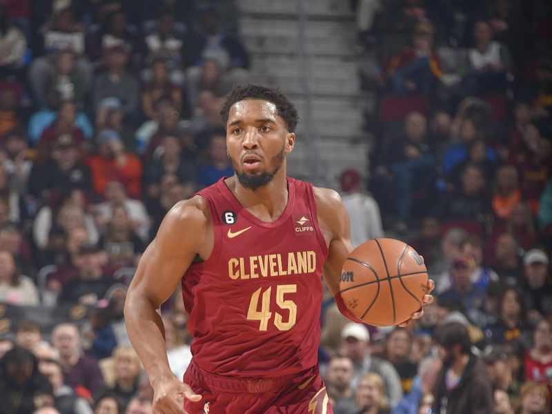 CLEVELAND, OH - FEBUARY 13:  Donovan Mitchell #45 of the Cleveland Cavaliers goes to the basket during the game on Febuary 13, 2023 at Rocket Mortgage FieldHouse in Cleveland, Ohio. NOTE TO USER: User expressly acknowledges and agrees that, by downloading and/or using this Photograph, user is consenting to the terms and conditions of the Getty Images License Agreement. Mandatory Copyright Notice: Copyright 2023 NBAE (Photo by David Liam Kyle/NBAE via Getty Images)