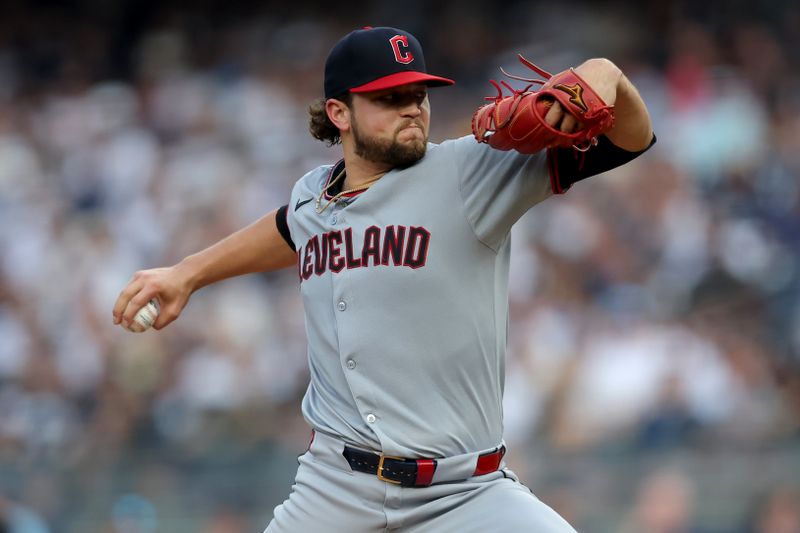 Jun 5, 2025; Bronx, New York, USA; Cleveland Guardians starting pitcher Slade Cecconi (44) pitches against the New York Yankees during the first inning at Yankee Stadium. Mandatory Credit: Brad Penner-Imagn Images