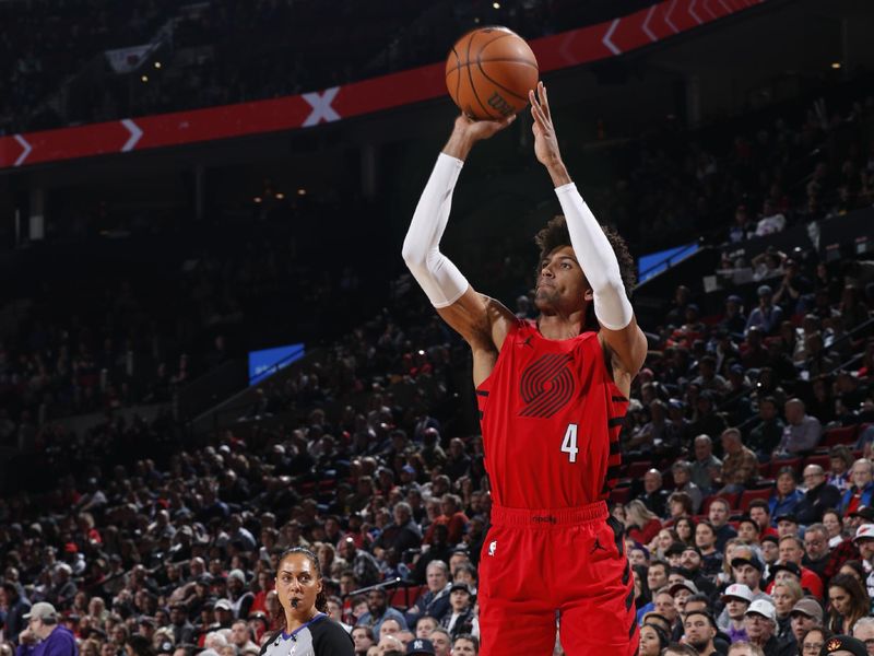 PORTLAND, OR - JANUARY 29: Matisse Thybulle #4 of the Portland Trail Blazers shoots a three point basket during the game against the Philadelphia 76ers on January 29, 2024 at the Moda Center Arena in Portland, Oregon. NOTE TO USER: User expressly acknowledges and agrees that, by downloading and or using this photograph, user is consenting to the terms and conditions of the Getty Images License Agreement. Mandatory Copyright Notice: Copyright 2024 NBAE (Photo by Cameron Browne/NBAE via Getty Images)