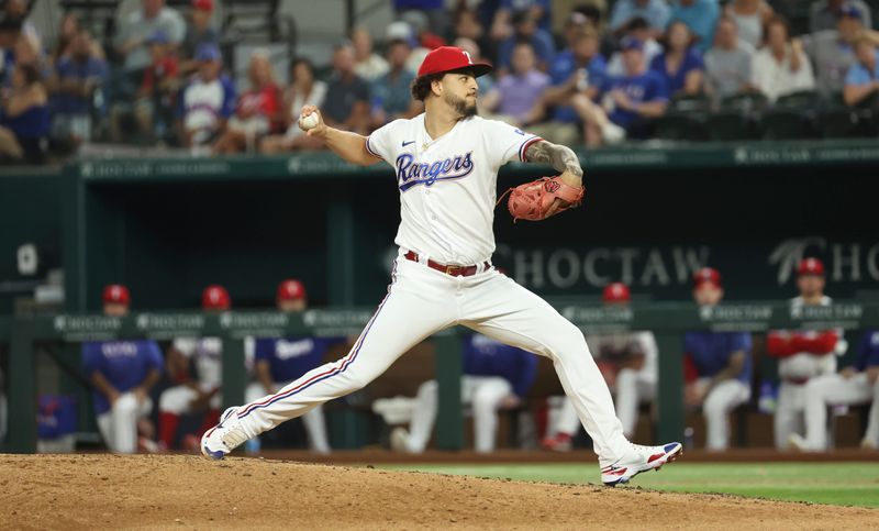 Jun 28, 2023; Arlington, Texas, USA;  Texas Rangers relief pitcher Yerry Rodriguez (57) throws during the ninth inning against the Detroit Tigers at Globe Life Field. Mandatory Credit: Kevin Jairaj-USA TODAY Sports