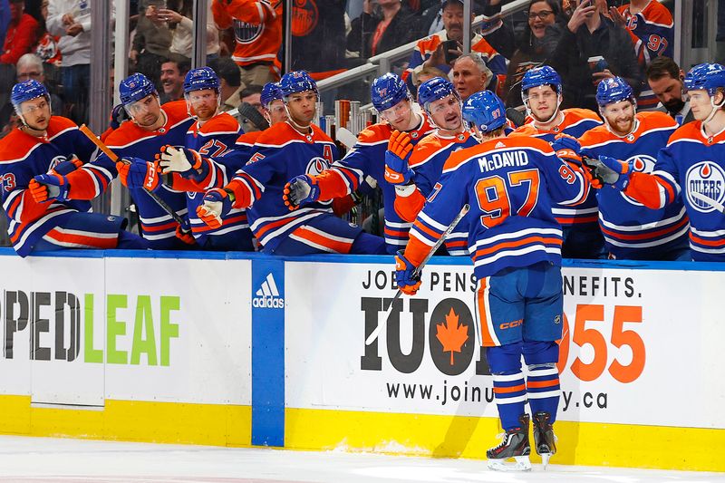 Mar 13, 2024; Edmonton, Alberta, CAN; The Edmonton Oilers celebrate a goal scored by forward Connor McDavid (97) during the first period against the Washington Capitals at Rogers Place. Mandatory Credit: Perry Nelson-USA TODAY Sports