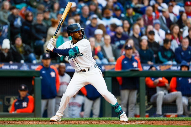 May 28, 2024; Seattle, Washington, USA; Seattle Mariners second baseman Ryan Bliss (1) stands in the batter box during the fifth inning against the Houston Astros at T-Mobile Park. Mandatory Credit: Joe Nicholson-USA TODAY Sports