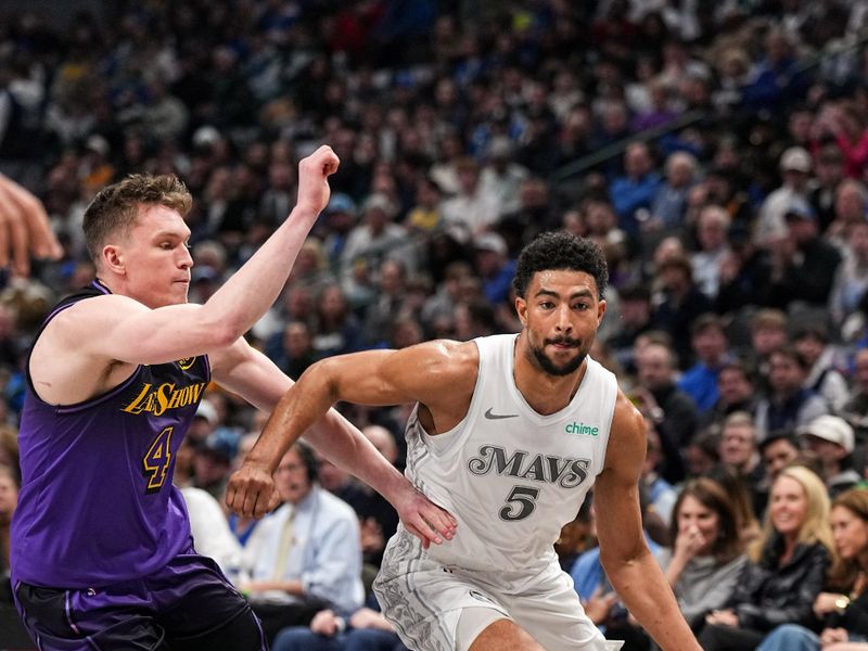 DALLAS, TX - DECEMBER 7: Quentin Grimes #5 of the Dallas Mavericks drives to the basket during the game against the Los Angeles Lakers on December 7, 2025 at American Airlines Center in Dallas, Texas. NOTE TO USER: User expressly acknowledges and agrees that, by downloading and or using this photograph, User is consenting to the terms and conditions of the Getty Images License Agreement. Mandatory Copyright Notice: Copyright 2025 NBAE (Photo by Glenn James/NBAE via Getty Images)