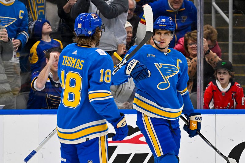 Jan 20, 2024; St. Louis, Missouri, USA;  St. Louis Blues center Brayden Schenn (10) is congratulated by center Robert Thomas (18) after scoring against the Washington Capitals during the second period at Enterprise Center. Mandatory Credit: Jeff Curry-USA TODAY Sports