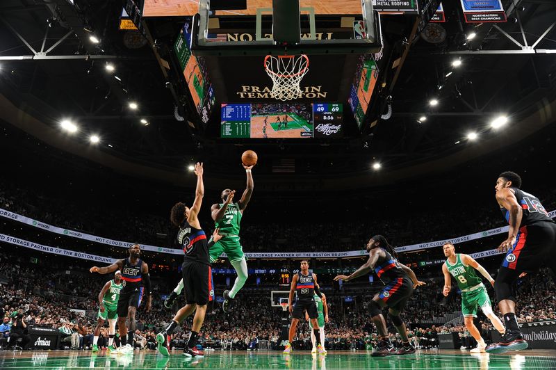 BOSTON, MA - DECEMBER 12: Jaylen Brown #7 of the Boston Celtics drives to the basket during the game against the Detroit Pistons on December 12, 2024 at TD Garden in Boston, Massachusetts. NOTE TO USER: User expressly acknowledges and agrees that, by downloading and/or using this Photograph, user is consenting to the terms and conditions of the Getty Images License Agreement. Mandatory Copyright Notice: Copyright 2024 NBAE (Photo by Brian Babineau/NBAE via Getty Images)