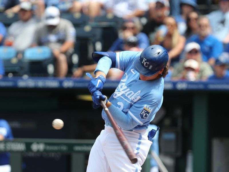 Jun 17, 2023; Kansas City, Missouri, USA; Kansas City Royals first baseman Nick Pratto (32) hits a foul ball during the first inning against the Los Angeles Angels at Kauffman Stadium. Mandatory Credit: Scott Sewell-USA TODAY Sports