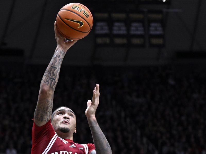 Feb 25, 2023; West Lafayette, Indiana, USA; Indiana Hoosiers guard Jalen Hood-Schifino (1) shoots the ball against the Purdue Boilermakers during the first half at Mackey Arena. Mandatory Credit: Marc Lebryk-USA TODAY Sports