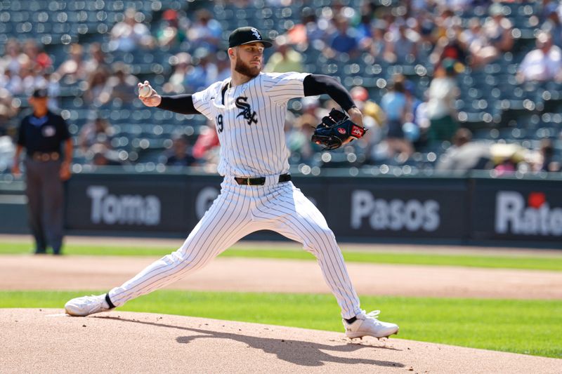 Sep 15, 2024; Chicago, Illinois, USA; Chicago White Sox starting pitcher Sean Burke (59) delivers a pitch against the Oakland Athletics during the first inning at Guaranteed Rate Field. Mandatory Credit: Kamil Krzaczynski-Imagn Images