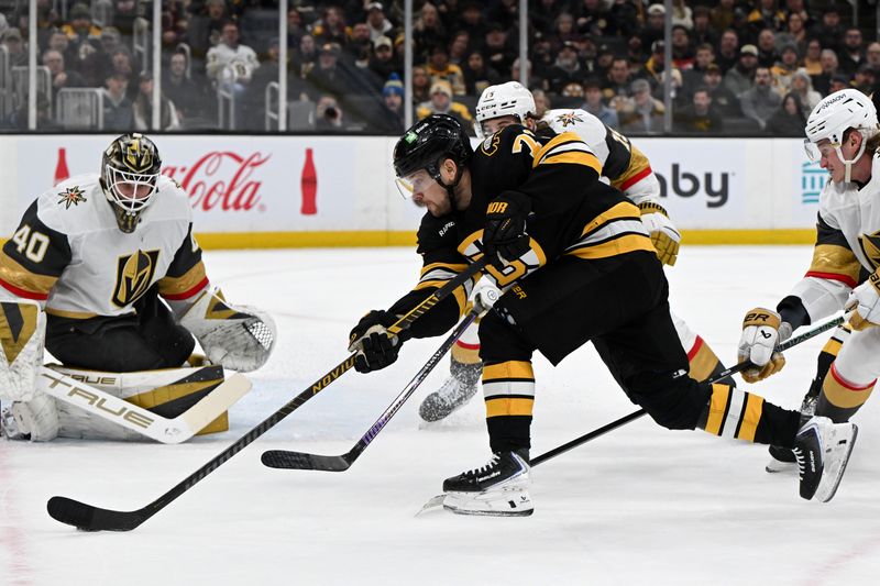 Jan 22, 2026; Boston, Massachusetts, USA; Boston Bruins left wing Viktor Arvidsson (71) skates against the Vegas Golden Knights during the first period at the TD Garden. Mandatory Credit: Brian Fluharty-Imagn Images