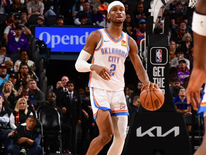 PHOENIX, AZ - MARCH 3:  Shai Gilgeous-Alexander #2 of the Oklahoma City Thunder handles the ball during the game on March 3, 2024 at Footprint Center in Phoenix, Arizona. NOTE TO USER: User expressly acknowledges and agrees that, by downloading and or using this photograph, user is consenting to the terms and conditions of the Getty Images License Agreement. Mandatory Copyright Notice: Copyright 2024 NBAE (Photo by Kate Frese/NBAE via Getty Images)