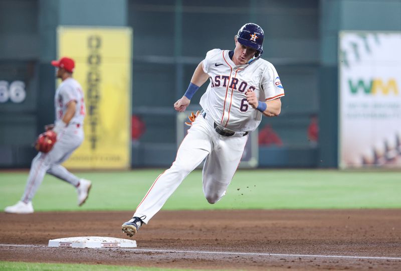 May 22, 2024; Houston, Texas, USA; Houston Astros center fielder Jake Meyers (6) rounds third base and scores a run during the fifth inning against the Los Angeles Angels at Minute Maid Park. Mandatory Credit: Troy Taormina-USA TODAY Sports