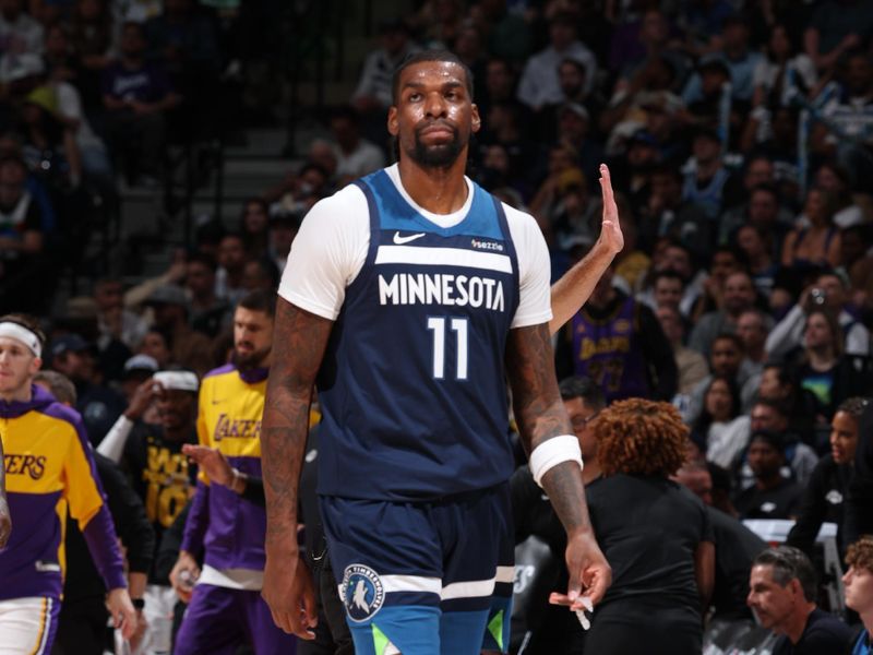MINNEAPOLIS, MN -  APRIL  27:  Naz Reid #11 of the Minnesota Timberwolves during the game against the Los Angeles Lakers during Round 1 Game 4 of the 2025 NBA Playoffs  on April 27, 2025 at Target Center in Minneapolis, Minnesota. NOTE TO USER: User expressly acknowledges and agrees that, by downloading and or using this Photograph, user is consenting to the terms and conditions of the Getty Images License Agreement. Mandatory Copyright Notice: Copyright 2025 NBAE (Photo by David Sherman/NBAE via Getty Images)