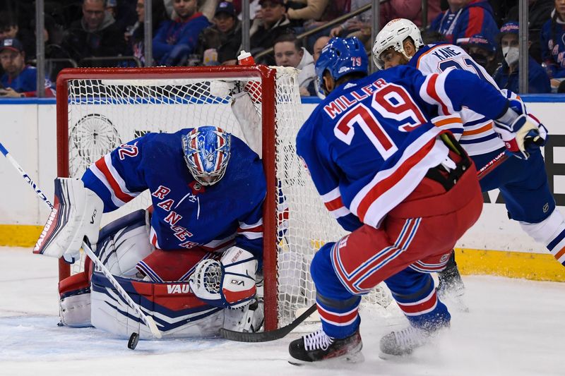 Dec 22, 2023; New York, New York, USA;  New York Rangers goaltender Jonathan Quick (32) makes a save against the Edmonton Oilers during the first period at Madison Square Garden. Mandatory Credit: Dennis Schneidler-USA TODAY Sports