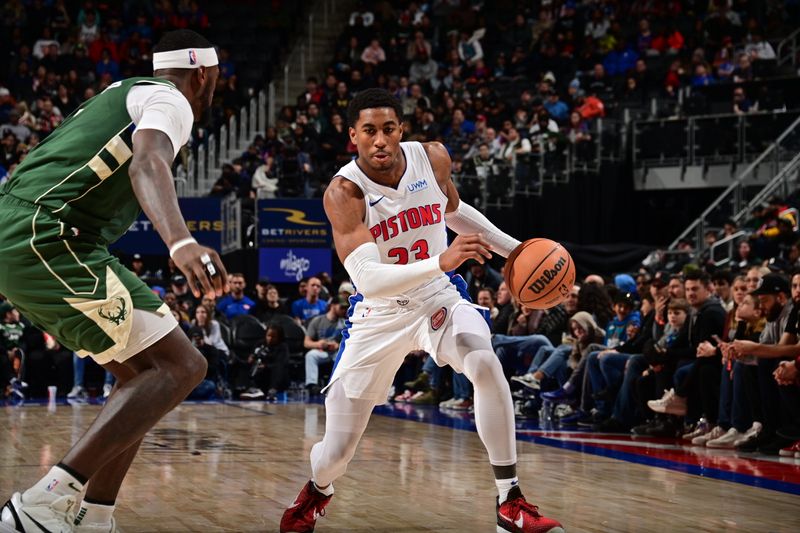 DETROIT, MI - JANUARY 22: Jaden Ivey #23 of the Detroit Pistons dribbles the ball during the game against the Milwaukee Bucks on January 22, 2024 at Little Caesars Arena in Detroit, Michigan. NOTE TO USER: User expressly acknowledges and agrees that, by downloading and/or using this photograph, User is consenting to the terms and conditions of the Getty Images License Agreement. Mandatory Copyright Notice: Copyright 2024 NBAE (Photo by Chris Schwegler/NBAE via Getty Images)