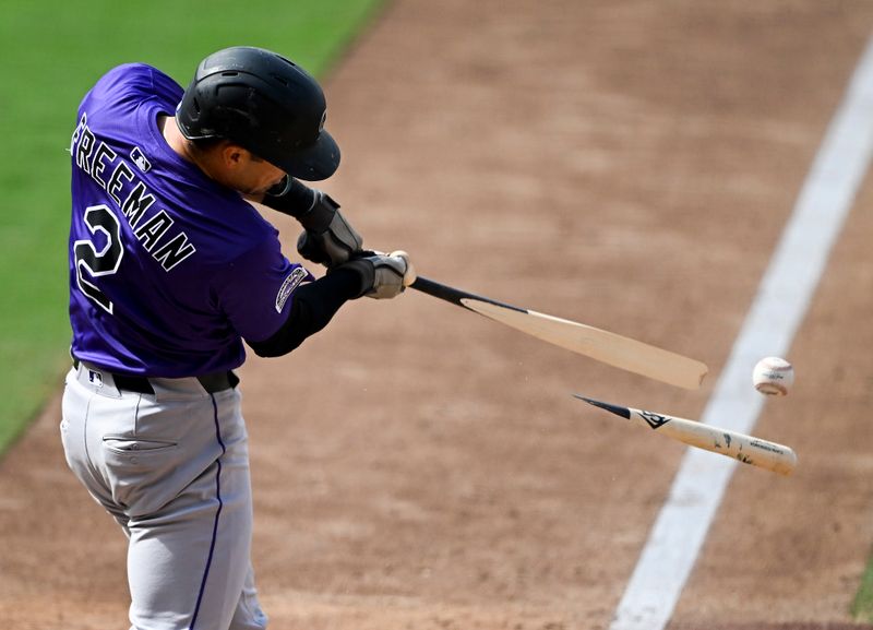 Sep 14, 2025; San Diego, California, USA; Colorado Rockies right fielder Tyler Freeman (2) breaks his bat as he grounds out during the seventh inning against the San Diego Padres at Petco Park. Mandatory Credit: Denis Poroy-Imagn Images
