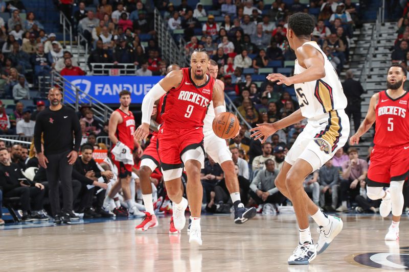 NEW ORLEANS, LA - FEBRUARY 22: Dillon Brooks #9 of the Houston Rockets dribbles the ball during the game against the New Orleans Pelicans on February 22, 2024 at the Smoothie King Center in New Orleans, Louisiana. NOTE TO USER: User expressly acknowledges and agrees that, by downloading and or using this Photograph, user is consenting to the terms and conditions of the Getty Images License Agreement. Mandatory Copyright Notice: Copyright 2024 NBAE (Photo by Layne Murdoch Jr./NBAE via Getty Images)