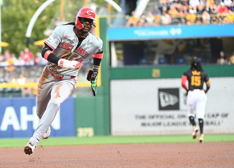 Aug 24, 2024; Pittsburgh, Pennsylvania, USA; Cincinnati Reds shortstop Elly De la Cruz (44) rounds third base en route to scoring against the Pittsburgh Pirates during the first inning at PNC Park. Mandatory Credit: Philip G. Pavely-USA TODAY Sports