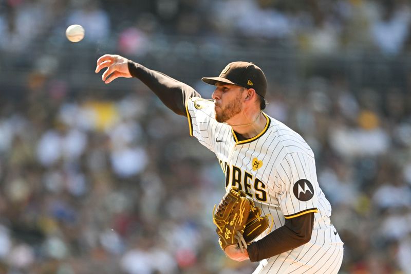 Sep 2, 2024; San Diego, California, USA; San Diego Padres starting pitcher Joe Musgrove (44) pitches against the Detroit Tigers during the first inning at Petco Park. Mandatory Credit: Denis Poroy-USA TODAY Sports