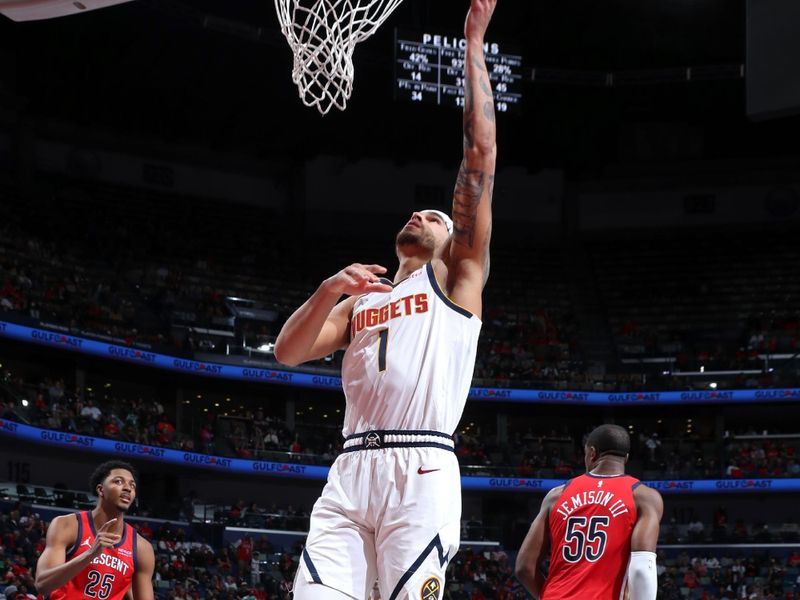 NEW ORLEANS, LA - NOVEMBER 15: Michael Porter Jr. #1 of the Denver Nuggets drives to the basket during the game against the New Orleans Pelicans during the Emirates NBA Cup game on November 15, 2024 at the Smoothie King Center in New Orleans, Louisiana. NOTE TO USER: User expressly acknowledges and agrees that, by downloading and or using this Photograph, user is consenting to the terms and conditions of the Getty Images License Agreement. Mandatory Copyright Notice: Copyright 2024 NBAE (Photo by Layne Murdoch Jr./NBAE via Getty Images)