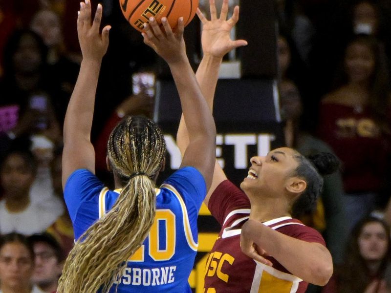 Jan 14, 2024; Los Angeles, California, USA; USC Trojans guard JuJu Watkins (12) blocks the final shot of the game by UCLA Bruins guard Charisma Osborne (20) at Galen Center. Mandatory Credit: Jayne Kamin-Oncea-USA TODAY Sports