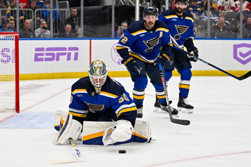 Dec 12, 2023; St. Louis, Missouri, USA;  St. Louis Blues goaltender Jordan Binnington (50) defends the net against the Detroit Red Wings during the first period at Enterprise Center. Mandatory Credit: Jeff Curry-USA TODAY Sports