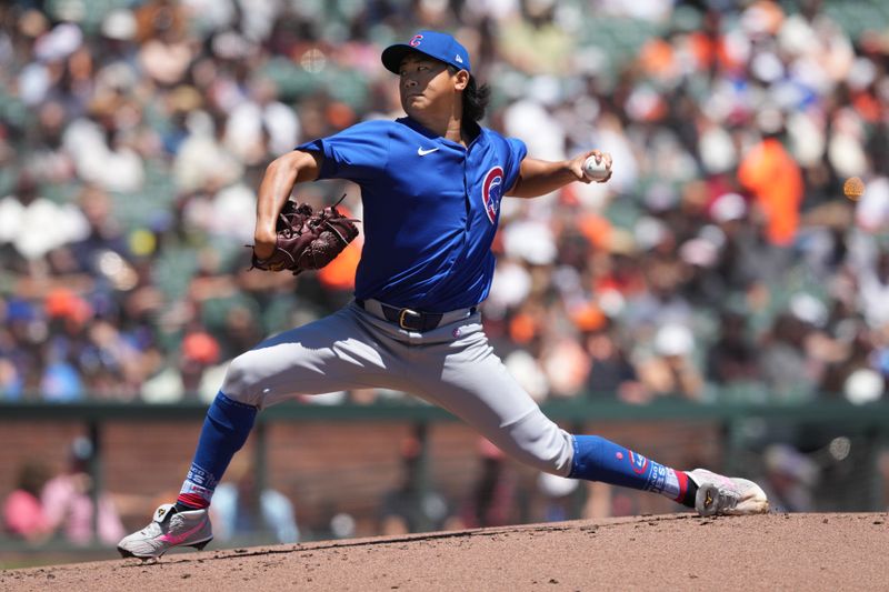 Jun 27, 2024; San Francisco, California, USA; Chicago Cubs starting pitcher Shota Imanaga (18) throws a pitch against the San Francisco Giants during the first inning at Oracle Park. Mandatory Credit: Darren Yamashita-USA TODAY Sports